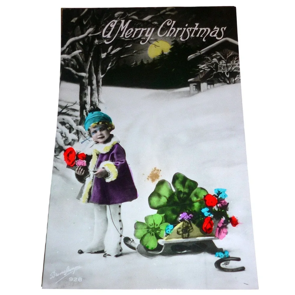 Antique Bromostampa Torino Italy Christmas Postcard Hand-Tinted Lucky Clovers‎